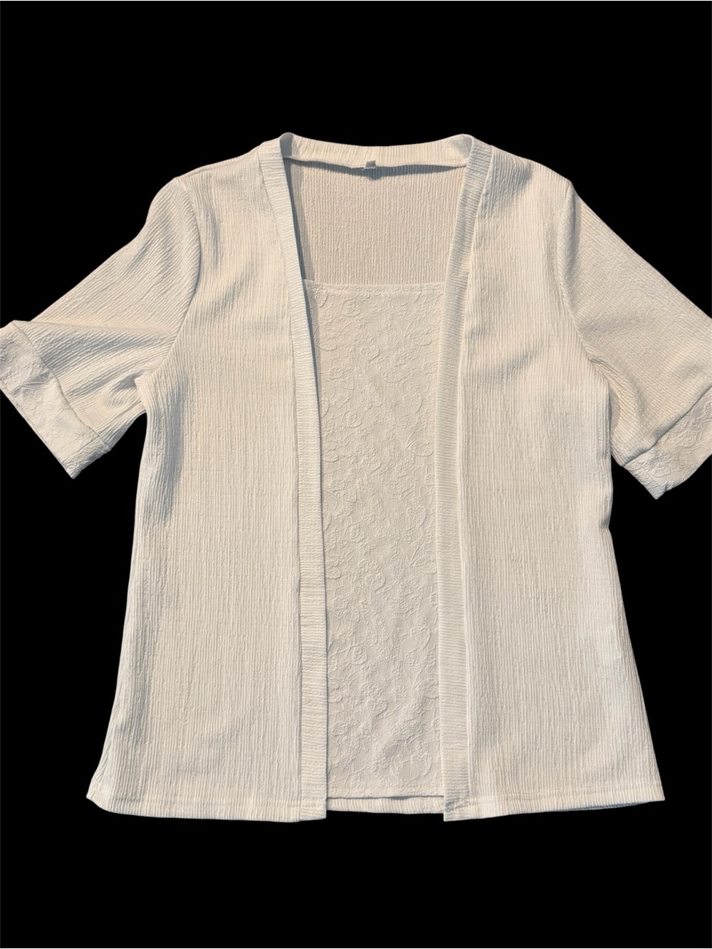 White Women's Open-Front Short Sleeve Top with Lace Tank